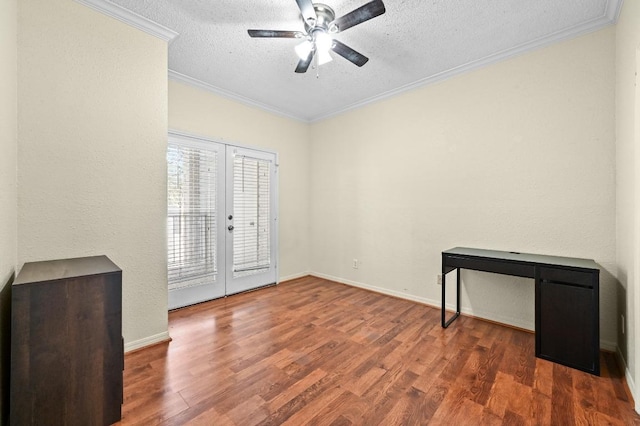 3111 Tom Green St Unit 203, Austin, TX 78705 - empty room with crown molding, a textured ceiling, ceiling fan, wood finished floors, and french doors
