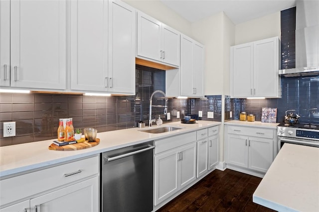 4501 Jackson Ave Unit 5301, Austin, TX 78731 - kitchen featuring wall chimney range hood, stainless steel appliances, white cabinetry, and light countertops