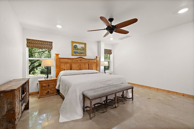 705 Peregrine Way, Leander, TX 78641 - bedroom featuring concrete flooring, recessed lighting, and ceiling fan