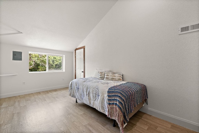 705 Peregrine Way, Leander, TX 78641 - bedroom with wood finished floors, vaulted ceiling, and electric panel