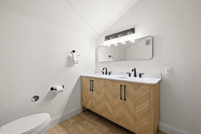 705 Peregrine Way, Leander, TX 78641 - full bathroom featuring vaulted ceiling, double vanity, wood finished floors, and a textured wall