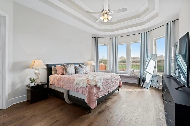 108 Rio Ranchero Rd, Georgetown, TX 78628 - bedroom featuring a raised ceiling, wood finished floors, and a ceiling fan