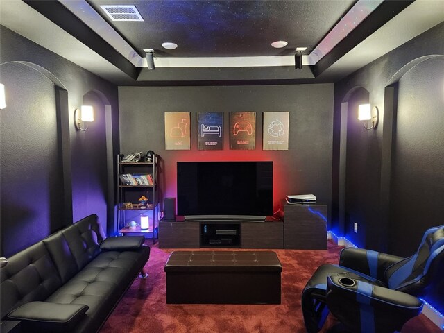 108 Rio Ranchero Rd, Georgetown, TX 78628 - home theater room with a raised ceiling, arched walkways, and carpet flooring