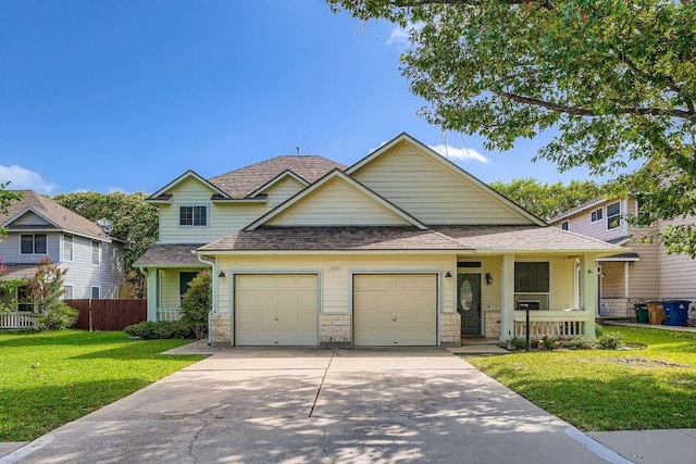 2920 Thrushwood Dr, Austin, TX 78757 - view of front facade featuring a garage, a shingled roof, driveway, covered porch, and stone siding