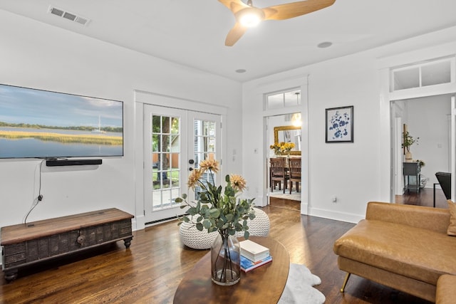 607 W 32nd St, Austin, TX 78705 - living room with wood finished floors, ceiling fan, and french doors