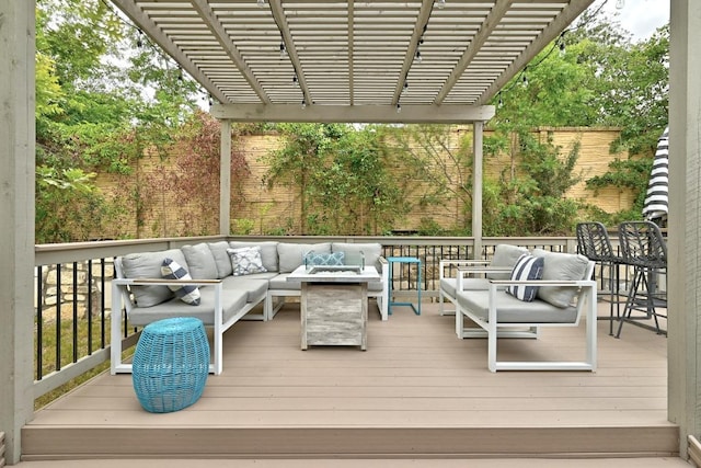 9108 Alex Ln, Austin, TX 78748 - wooden terrace with an outdoor hangout area and a pergola