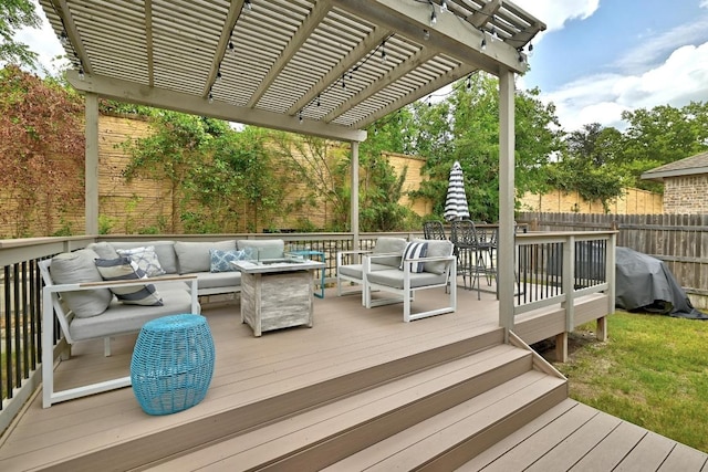 9108 Alex Ln, Austin, TX 78748 - wooden deck with an outdoor hangout area, a fenced backyard, and a pergola