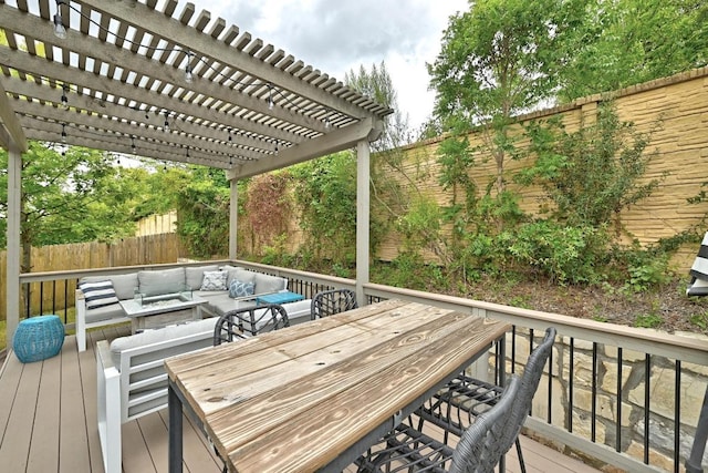 9108 Alex Ln, Austin, TX 78748 - wooden deck featuring an outdoor living space, a fenced backyard, and a pergola