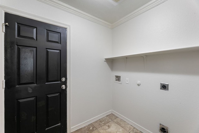 6828 Walkup Ln, Austin, TX 78747 - laundry area with hookup for an electric dryer, hookup for a washing machine, ornamental molding, hookup for a gas dryer, and light tile patterned floors