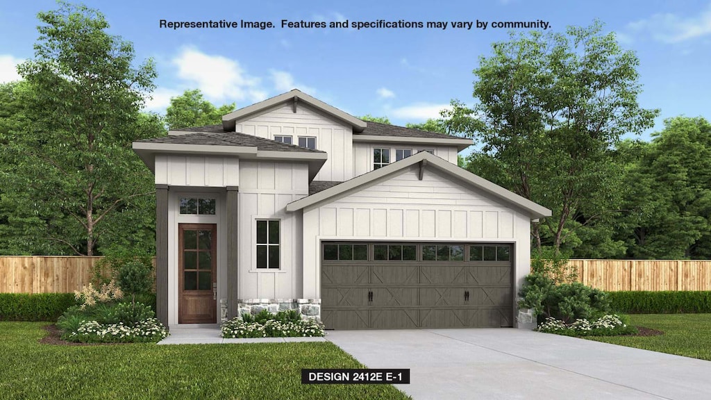 7113 Stitzel Weller Dr, Austin, TX 78744 - modern farmhouse style home featuring a shingled roof, a garage, driveway, and board and batten siding
