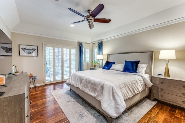 5731 Sam Houston Cir, Austin, TX 78731 - bedroom featuring dark wood-style flooring, a ceiling fan, access to exterior, and recessed lighting