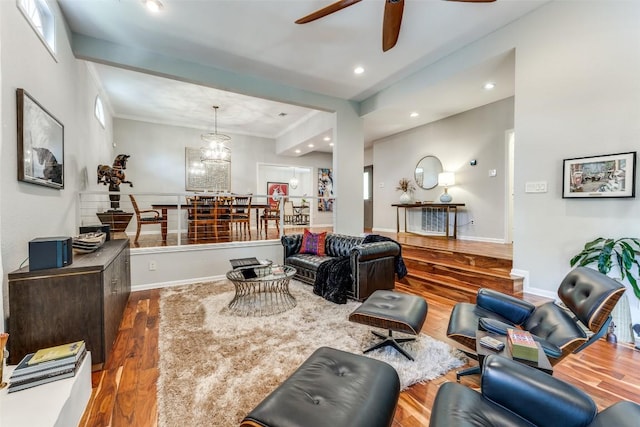 5731 Sam Houston Cir, Austin, TX 78731 - living room featuring ceiling fan, wood finished floors, and recessed lighting