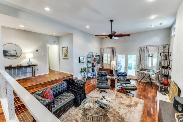 5731 Sam Houston Cir, Austin, TX 78731 - living room with recessed lighting, a ceiling fan, hardwood / wood-style flooring, and french doors