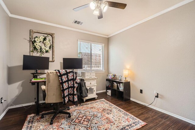 803 Hank Aaron Ln, Round Rock, TX 78665 - office area with crown molding, wood finished floors, and ceiling fan