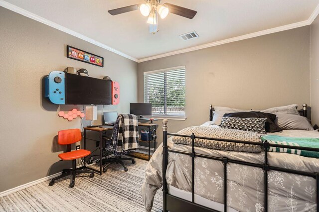 803 Hank Aaron Ln, Round Rock, TX 78665 - bedroom with crown molding, an office area, and ceiling fan