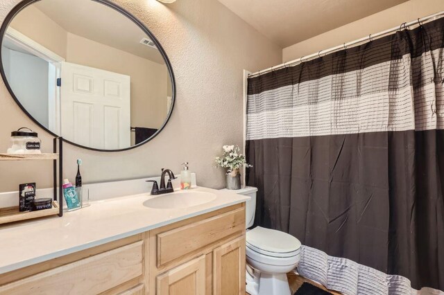 803 Hank Aaron Ln, Round Rock, TX 78665 - bathroom with vanity, a textured wall, and a shower with shower curtain