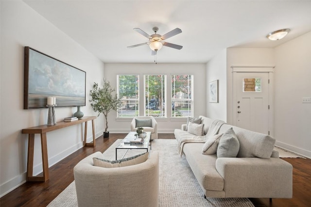 11013 Avery Station Loop Unit 31, Austin, TX 78717 - living room featuring ceiling fan and dark wood-style floors