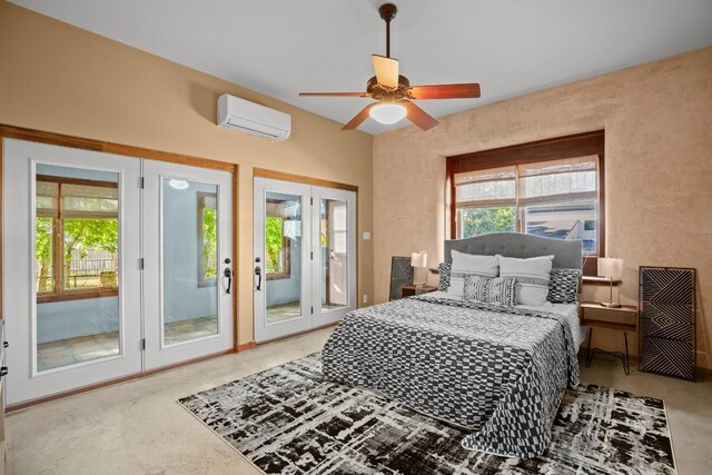 913 Taulbee Ln, Austin, TX 78757 - carpeted bedroom featuring a wall unit AC, access to exterior, multiple windows, and ceiling fan