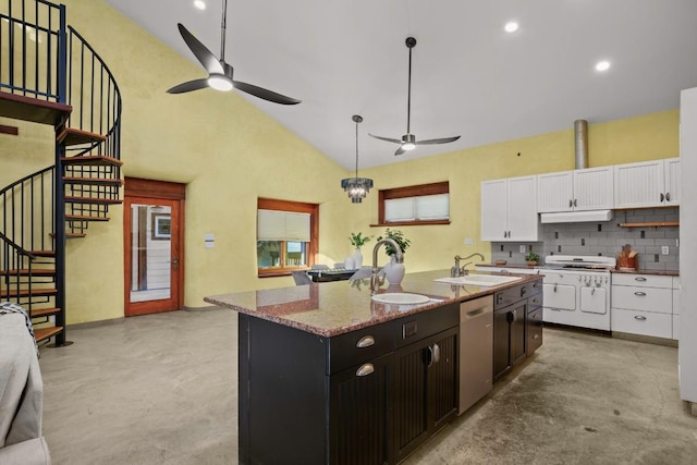 913 Taulbee Ln, Austin, TX 78757 - kitchen with white gas stove, ceiling fan, under cabinet range hood, dishwasher, and high vaulted ceiling