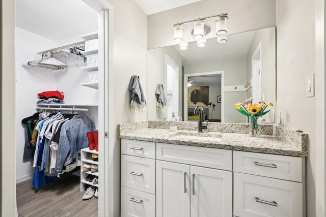 6803 Moonmont Dr, Austin, TX 78745 - bathroom featuring vanity, wood finished floors, a ceiling fan, and a spacious closet