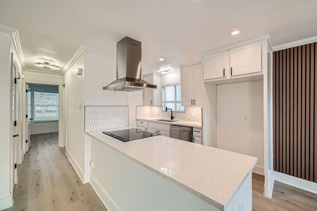 6102 Amber Pass, Austin, TX 78745 - kitchen with range hood, black electric stovetop, ornamental molding, stainless steel dishwasher, and light wood-style flooring