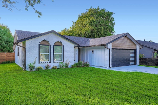 6102 Amber Pass, Austin, TX 78745 - ranch-style house featuring brick siding, board and batten siding, concrete driveway, a shingled roof, and a garage