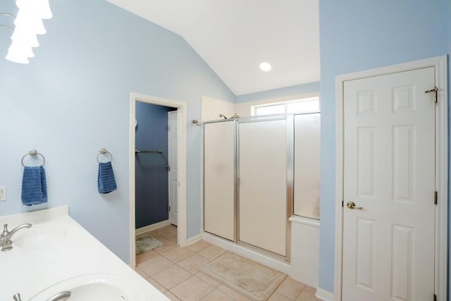 213 S Buffalo Pass, Georgetown, TX 78633 - full bath with a shower stall, lofted ceiling, tile patterned floors, and double vanity