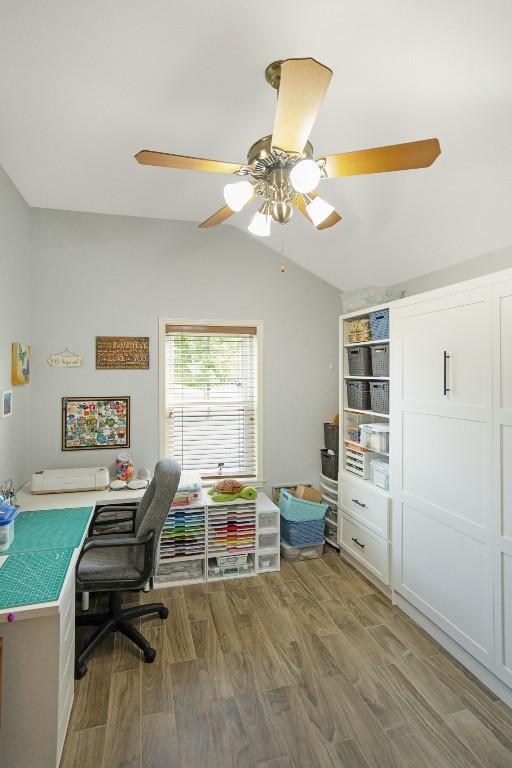 213 S Buffalo Pass, Georgetown, TX 78633 - office space with lofted ceiling, wood finished floors, and a ceiling fan