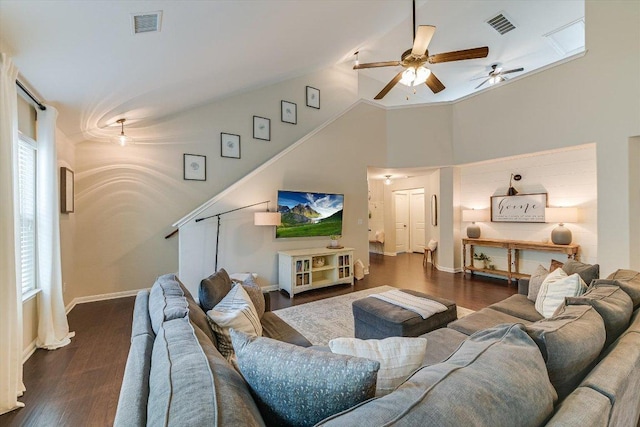 609 Joppa Rd, Leander, TX 78641 - living room featuring ceiling fan, wood finished floors, and high vaulted ceiling