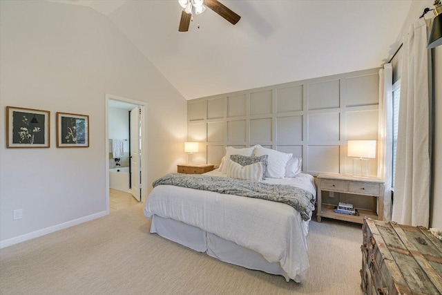 609 Joppa Rd, Leander, TX 78641 - carpeted bedroom featuring a decorative wall, ceiling fan, high vaulted ceiling, and ensuite bath
