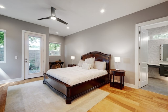 2005 Palo Duro Rd, Austin, TX 78757 - bedroom featuring access to exterior, light wood-type flooring, recessed lighting, connected bathroom, and a ceiling fan