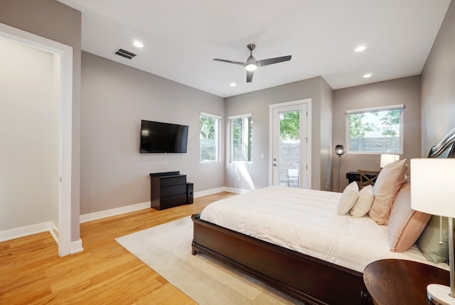 2005 Palo Duro Rd, Austin, TX 78757 - bedroom featuring access to outside, light wood finished floors, recessed lighting, and ceiling fan