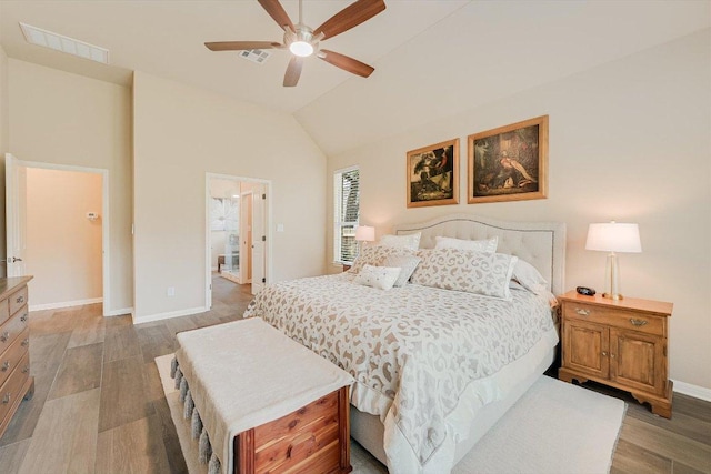 10320 Hansa Cv, Austin, TX 78739 - bedroom featuring light wood-style flooring, vaulted ceiling, and ceiling fan