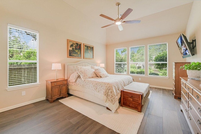 10320 Hansa Cv, Austin, TX 78739 - bedroom featuring wood finished floors, multiple windows, vaulted ceiling, and a ceiling fan