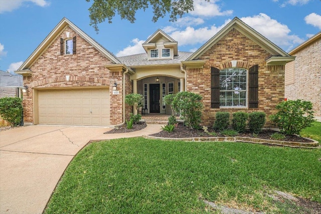 10320 Hansa Cv, Austin, TX 78739 - view of front of house with brick siding, concrete driveway, a front lawn, an attached garage, and a shingled roof