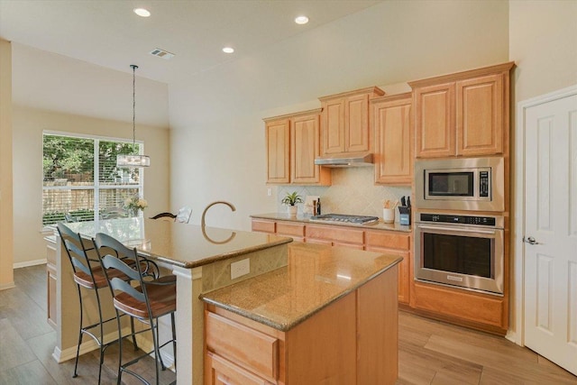 10320 Hansa Cv, Austin, TX 78739 - kitchen with appliances with stainless steel finishes, a kitchen island with sink, under cabinet range hood, tasteful backsplash, and light wood finished floors