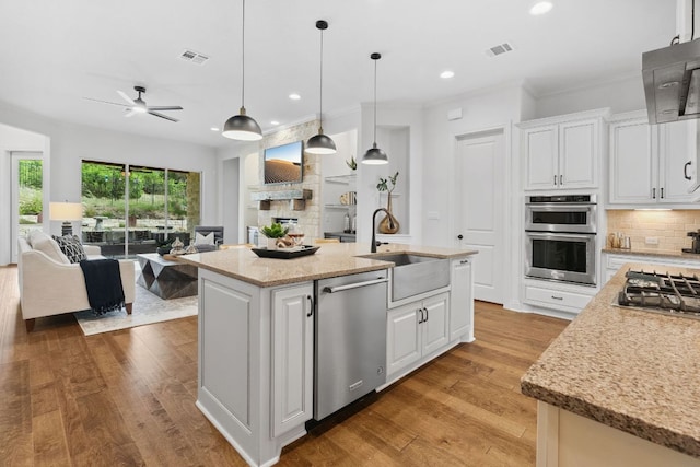 377 Bristlecone Dr, Driftwood, TX 78619 - kitchen with appliances with stainless steel finishes, open floor plan, tasteful backsplash, light wood-style floors, and recessed lighting