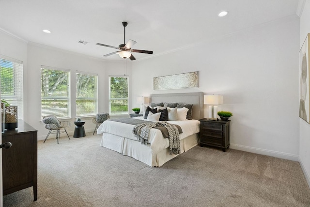 377 Bristlecone Dr, Driftwood, TX 78619 - carpeted bedroom featuring crown molding, recessed lighting, and a ceiling fan