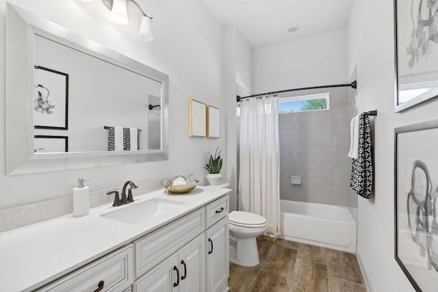 377 Bristlecone Dr, Driftwood, TX 78619 - bathroom featuring vanity, wood finished floors, and shower / bath combination with curtain