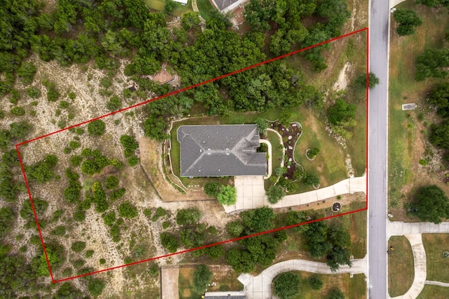 377 Bristlecone Dr, Driftwood, TX 78619 - aerial view of property and surrounding area featuring property boundaries highlighted
