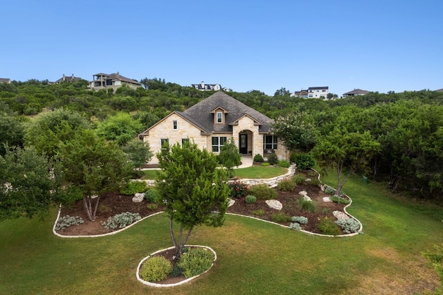 377 Bristlecone Dr, Driftwood, TX 78619 - french country home with stone siding and a front lawn