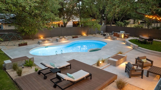4405 Greystone Dr, Austin, TX 78731 - view of swimming pool featuring an outdoor fire pit, a fenced backyard, outdoor dining space, and a patio