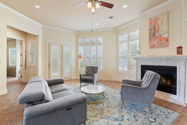 2800 Waymaker Way Unit 63, Austin, TX 78746 - living area with a ceiling fan, ornamental molding, a fireplace, and recessed lighting