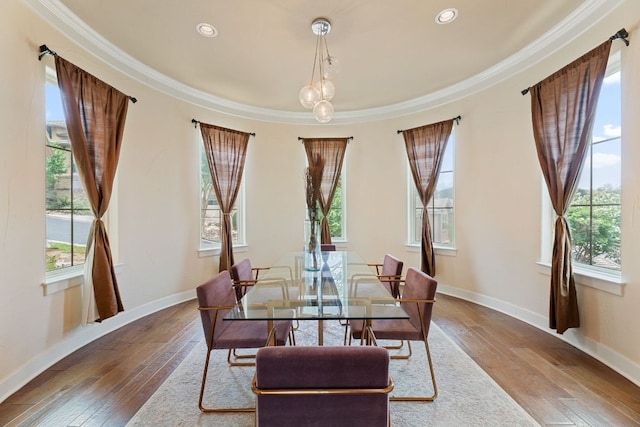 2800 Waymaker Way Unit 63, Austin, TX 78746 - dining room with healthy amount of natural light, hardwood / wood-style floors, ornamental molding, and recessed lighting