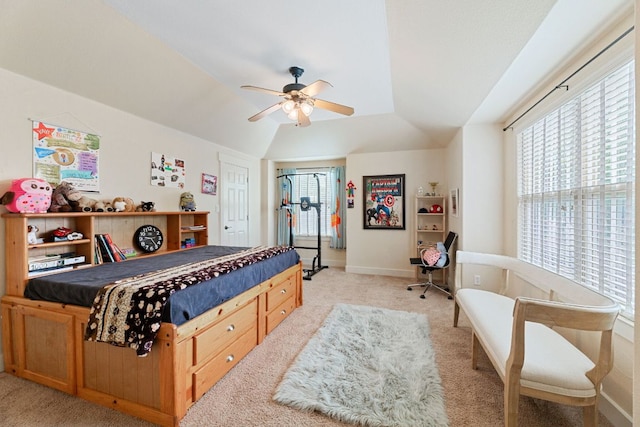 2800 Waymaker Way Unit 63, Austin, TX 78746 - bedroom with light colored carpet, multiple windows, vaulted ceiling, and ceiling fan