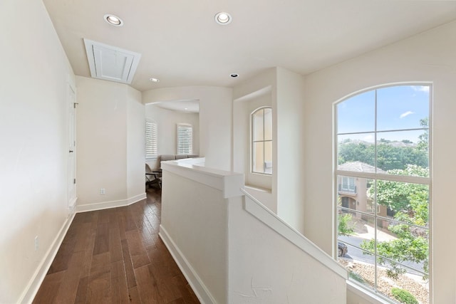 2800 Waymaker Way Unit 63, Austin, TX 78746 - corridor with attic access, dark wood-type flooring, recessed lighting, and an upstairs landing