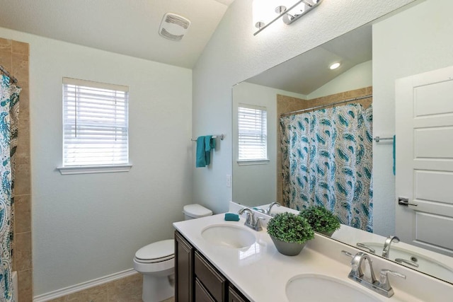 404 Buttercup Creek Blvd Unit 19, Cedar Park, TX 78613 - bathroom with vaulted ceiling, double vanity, and a shower with curtain