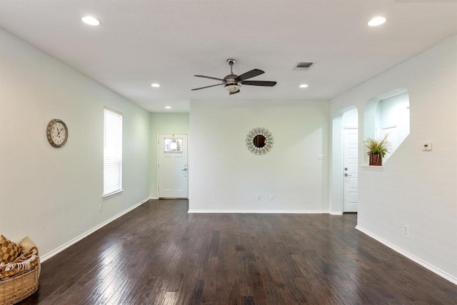 404 Buttercup Creek Blvd Unit 19, Cedar Park, TX 78613 - unfurnished living room with a ceiling fan, arched walkways, dark wood-style flooring, and recessed lighting