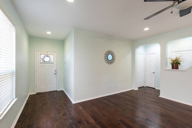 404 Buttercup Creek Blvd Unit 19, Cedar Park, TX 78613 - entrance foyer with ceiling fan, wood finished floors, recessed lighting, and arched walkways