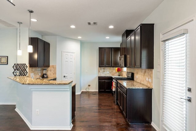 404 Buttercup Creek Blvd Unit 19, Cedar Park, TX 78613 - kitchen featuring range with gas stovetop, a peninsula, light stone countertops, dark wood-style floors, and recessed lighting